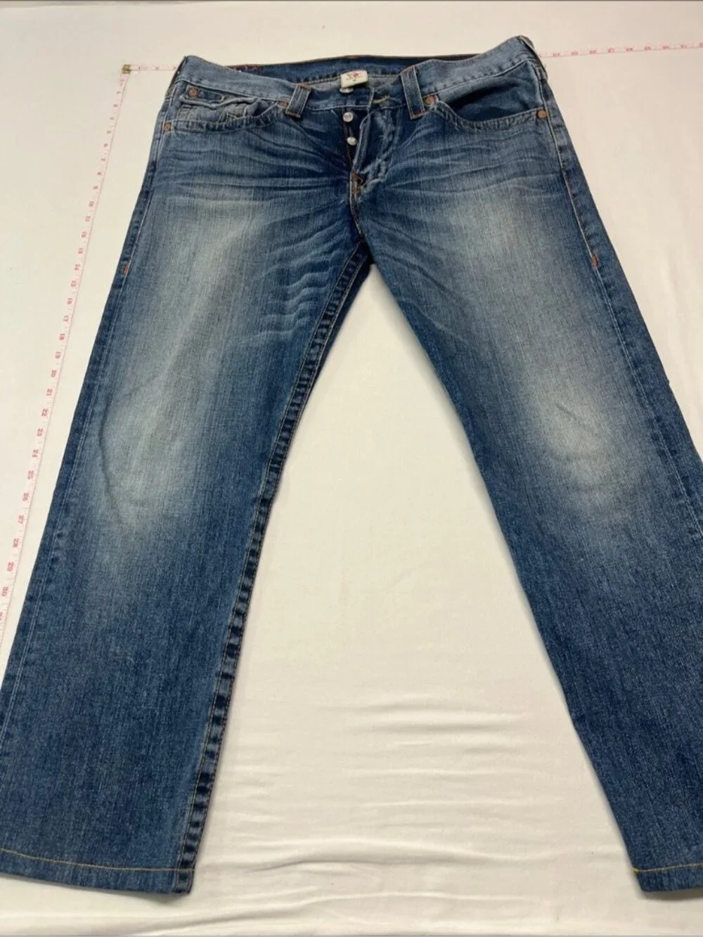 True Religion Men's Relaxed Straight Jeans button fly Blue Wash 36x28 work 1318